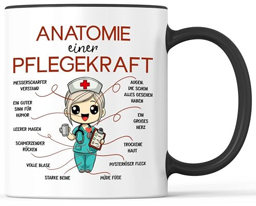 Tasse mit Spruch Anatomie einer Pflegekraft Becher Krankenschwester Krankenpfleger Altenpflegerin - lustiges Geschenk - Kaffeebecher als Geschenkidee - Kaffeetasse 330ml - Weiss-Schwarz