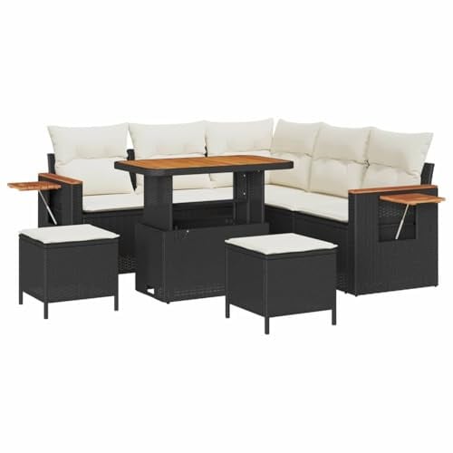 vidaXL 8-teiliges Garten-Sofa-Set mit Kissen in Schwarz und Creme aus Poly-Rattan – Bequemer Sitzplatz für 5 Personen, modernes Design für Terrasse und Garten.