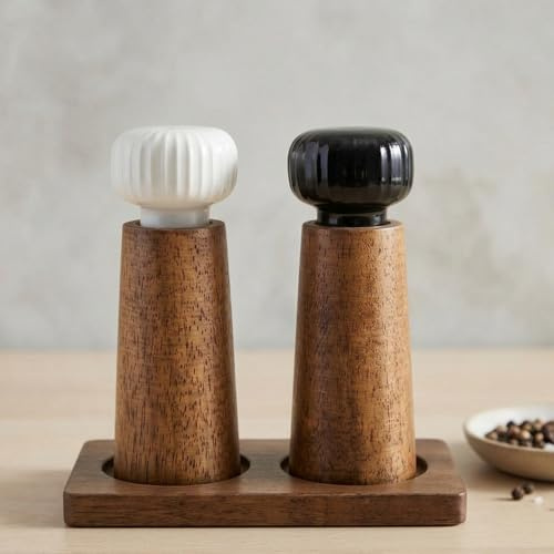 MAITTON Salz und Pfeffermühle aus Holz und Keramik | Gewürzmühle Grinder mit verstellbarem Mahlwerk, 17.5cm (MIT Untersetzer)