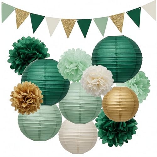 Vsosfiza Sage Green Party Decor 27PCS Kit - Paper Pom Poms, Paper Lanterns,Pennant Banner for for Jungle Safari, Woodland Baby Shower, Gender Neutral Wedding（Green/Gold/Beige）
