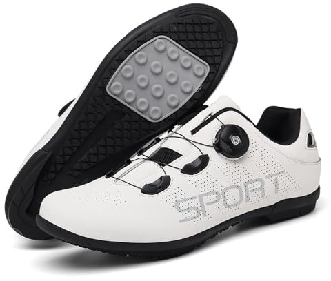 Treer Zapatillas Ciclismo Montañ Sin Cala, Zapatos Bicicleta Montaña Hombre Calzado Bicicleta, Zapatillas de Ciclismo Base Goma Antideslizante Ligeros, 36EU-47EU (Blanco,42)