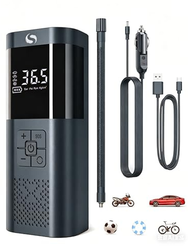 SERVOMASTER Compressore Aria Portatile, Gonfiatore Elettrico Portatile 150PSI, Compressore Auto con Funzione di Arresto Automatico, Display Digitale e Luce LED, per Auto, Moto, Biciclette, Palloni