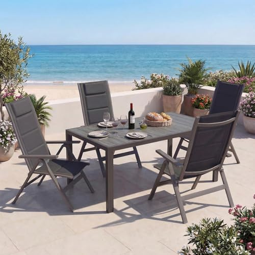 Devoko Gartenmöbel Set 4 stühle mit Tisch, Bestehend aus 1 Aluminiumtisch und 4 Klappstühlen für balkonmöbel. 1 x 150 cm Gartentisch mit Holzmaserung, Terrassenmöbel-Set, Dunkelgrau.