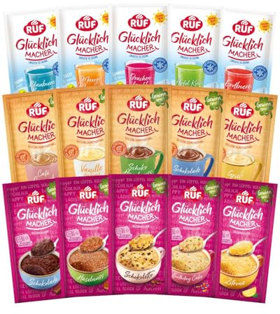 RUF Glücklichmacher Probier Set Mix (15 Stück), Tassenpudding, Tassenkuchen & Smooth to Drink, Auswahl an verschiedenen Sorten für süße Genussmomente