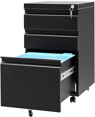 Garvee Caisson Mobile à 3 tiroirs en métal avec Serrure et 2 clés – Rangement sous Bureau Ajustable pour dossiers A4/Lettre/légal – Montage Facile – Parfait pour Bureau et classement – Fourniture