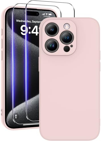 Qasyfanc Silicone Case for iPhone 15 Pro with 2 Tempered Glass Screen Protectors, Ultra Slim Liquid TPU Soft Edge Cover, 360° Full Body Shockproof & Scratch - Resistant Protection, Pink