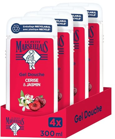 Le Petit Marseillais – Gel Douche Extra Doux Cerise & Jasmin (flacon de 300ml) – Formule vegan avec 92% d'ingrédients d'origine naturelle – Emballage recyclable, avec plastique recyclé (Lot de 4)