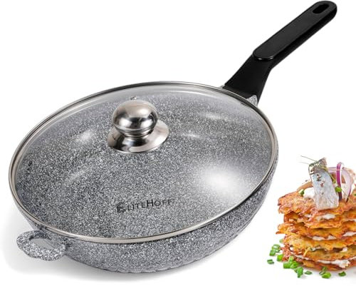 EliteHoff Antihaft Pfanne mit Deckel, Bratpfanne mit Antihaftbeschichtung, Induktionspfanne, Aluminium Bratpfanne mit Marmorbeschichtung für alle Herdarten (Grau, 28 cm)
