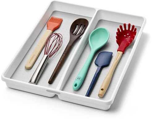 madesmart Cajón de cocina antideslizante de agarre suave, 2 compartimentos, organización doméstica multiusos, libre de BPA, plástico de goma, blanco, mini