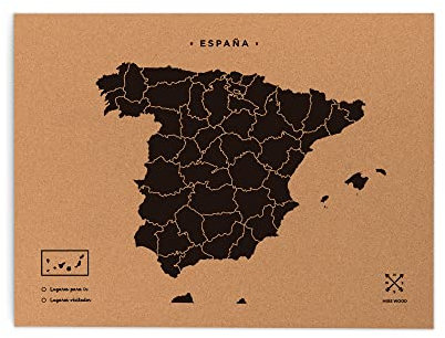 Miss Wood Mapa de España de Corcho, Pino, Negro, L-45x60CM