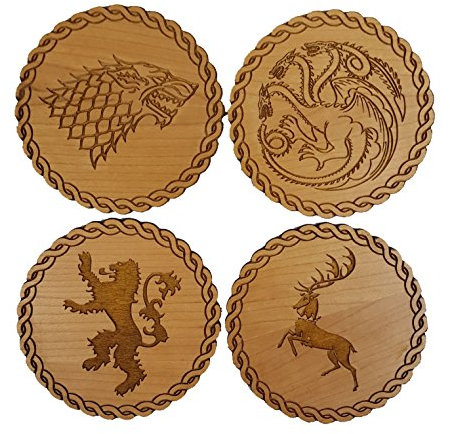 Derwent Laser Crafts Game of Thrones Inspired Wooden Coasters - Set of 4 Main House Sigils - Choice of Wood Type (Cherry)