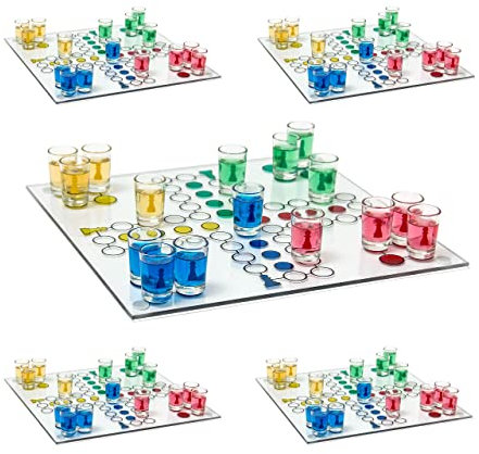 Relaxdays 5er Set Trinkspiel Drinking Ludo, Party-Spaß, 2 Würfel, 16 Schnapsgläser, Partyspiel für Erwachsene, aus Glas, 30 x 30 cm