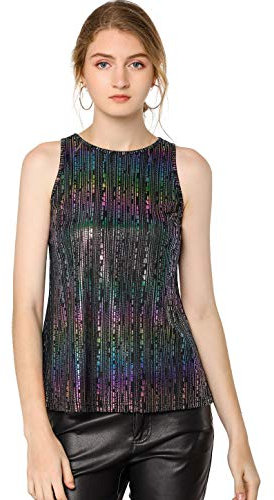 Allegra K Damen Pailletten Oberteil Metallic Glitzer Ärmellos Club Party Camisole Tank-Tops Schwarz L