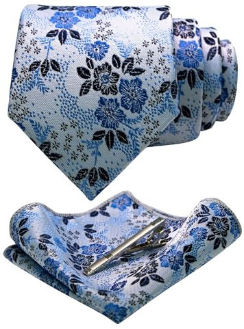 JEMYGINS Herren Blumen Krawatten und Einstecktuch Sets mit Krawattenklammer in verschiedenen Farben erhältlich,Weiß Blau