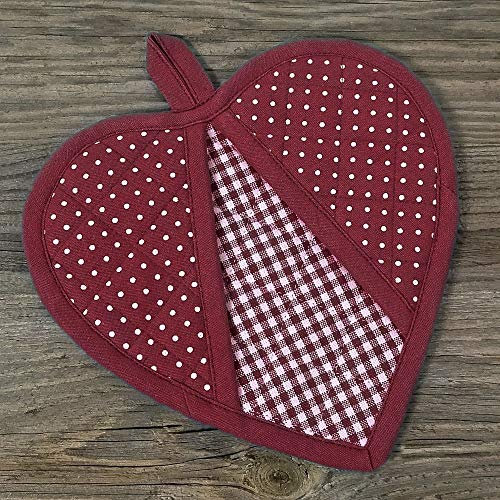 matches21 Topflappen Untersetzer Landhaus Premium LINA Herzform Punkte & Karo Hitzeschutz Küche 20x20 cm 1 STK - rot