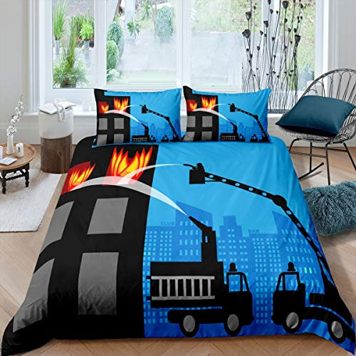 Loussiesd Jungen Betten Set Feuerwehrauto Bettwäsche Set 135x200cm Für Kinder Kleinkind Cartoon Auto Bettbezug Set Ultra weich Fire Pumper Raumdekor