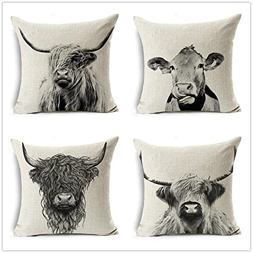 Miyiboo 4er Set Kissenbezug 45x45cmSchwarze Baise Kuh Dekokissen Kissenbezüge Sofakissen Dekorativ Couchkissen Baumwollleinen Kissenhülle Bezug Weich für Wohnzimmer Schlafzimmer