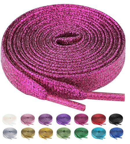 Olukssck 2 paia Lacci Piatti Glitter Metallici Premium, Stringhe Scarpe Sportive, Lacci per Sneakers Resistenti, Lunghezza 80-100 - 120-140 - 160 cm, Larghezza 10 mm, Fucsia, 120cm