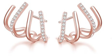 SLUYNZ 925 Sterling Silver CZ Cuff Earrings Stud for Women Huggie Earrings Piercing Half Hoop Earrings Wrap Minimalist (Rose Gold)