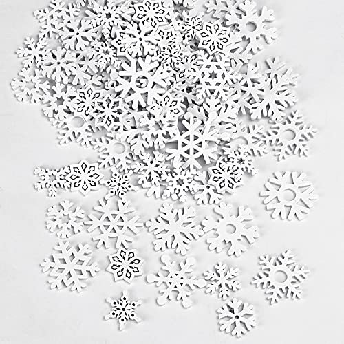 KBNIAN 100 Stück Weiß Schneeflocken Holzscheiben Weihnachtsdeko Schneeflocken Weihnachtsbaum Hölzerne Schneeflocke Ornament Weihnachts Schneeflocke Holz Verschiedene Formen Weihnachtsbasteln