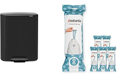 Brabantia Bo Pedal Bin - 2 x 30L Inner Buckets (Matt Black) Waste/Recycling Kitchen Bin + O Liners Multipack Box (120 rolls)