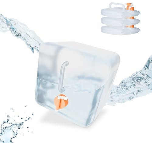 Relaxdays Pack 4 Bidones Plegables, Garrafas Agua Cuadradas, Grifo y Asa, de 10 litros, sin BPA, Transparente/Naranja