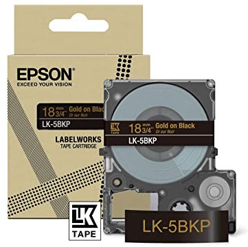 Epson Etikettenkassette, Metallicband LK-5BKP gold auf schwarz, langlebiges Beschriftungsband für Epson LabelWorks Etikettendrucker, wasser- & verschleißfest, 9 m x 18 mm