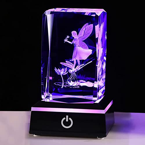 Movdyka Crystal 3D Fairy with Dragonfly Figurine Gifts for Women, Laser Engraved Fairy Keepsake with LED Base Home Ornaments, Glass Lovely Gifts for Her