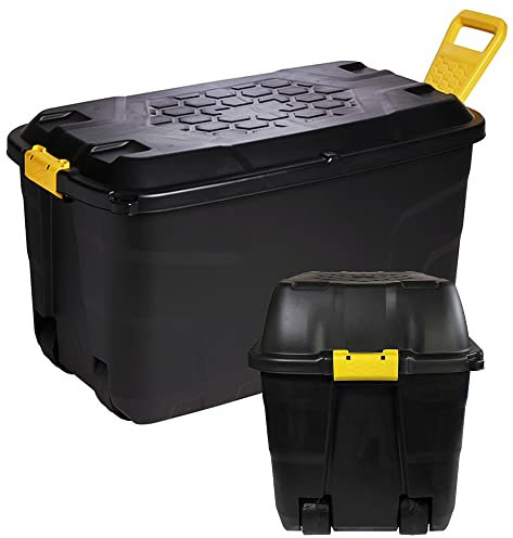 STORM TRADING GROUP Heavy Duty Robust Black Storage Trunk With Wheels & Handles - 110 & 145 Litre XL Capacity - Great for Indoor & Outdoor Use