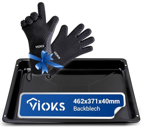 VIOKS Backblech Set - 46 x 37 cm Ersatz für Tiefes Beko 462x371x40 mm 219440101 & 2x Backhandschuhe Ofenhandschuhe Silikon - Backofen Zubehör
