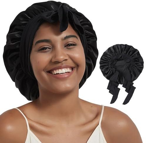 Hat Hut Schlafmütze Seiden Haarhaube Satin Schlafhaube für Locken Seidenhaube zum Schlafen Silk Bonnet Schlafkappe für Damen und Mädchen (Schwarz/Schwarz)
