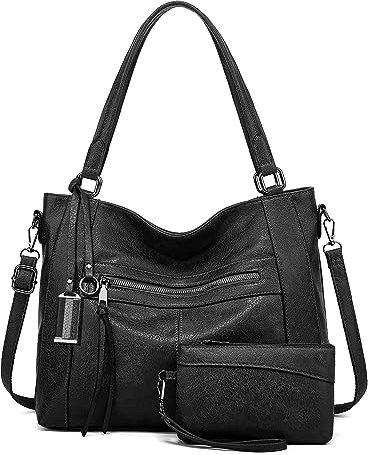 BAIGIO 2-teilige Handtasche Damen Umhängetasche Mittelgroß Shopper Tasche PU Leder Crossbody Tote Bag Set Schultertasche Damentaschen Henkeltaschen Tragetasche mit Geldbörse Reißverschluss, Schwarz