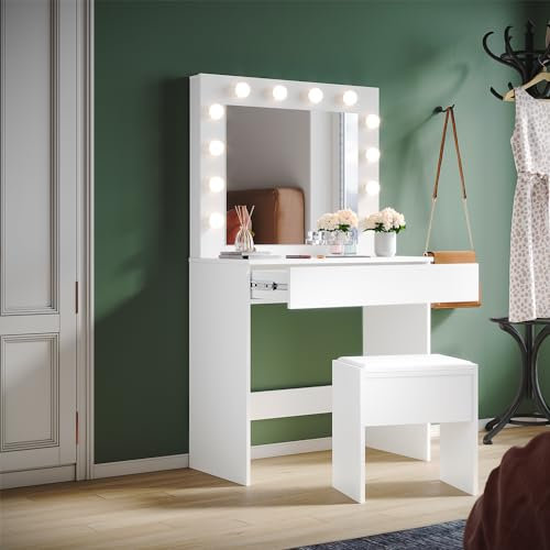 SUNXURY Schminktisch mit Beleuchtung Spiegel und Hocker Modern Frisiertisch mit 1 Schubladen Kosmetiktisch mit Spiegel Schlafzimmermöbel für Mädchen 140 x 40 x 80cm Weiß