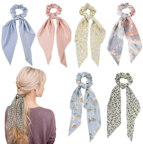 besbomig 6 Stück Frauen Scrunchies Haargummi, Haargummi mit Schleife, Chiffon Bowknot Haarband, Nylon Vintage Floral Elastische Pferdeschwanz Halter für Mädchen Haarschmuck