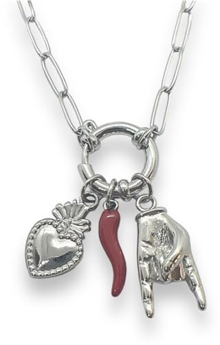 SiLo Bijoux Collana catena sacro cuore corno mano corna donna uomo in acciaio inox 316L anallergico portafortuna - Disponibile color oro e argento - Confezione regalo