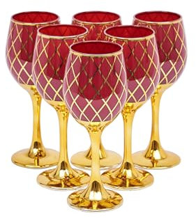 CretFine Red and Gold Wine Glasses Set of 6, Colored Stemmed and Rimmed Decorative Fancy Drinking Glass, for Gifts, Wedding, Thanksgiving, Birthday, Christmas Goblets Glassware Drinkware, 12oz