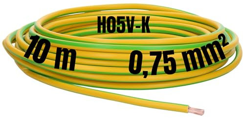 Kalitec 10 metri H05V-K 0,75 mm², conduttore di cablaggio verde, giallo, in PVC, cavo singolo da 0,75 mm2, cablaggio a filo singolo, cavo monofilo, filo ignifugo