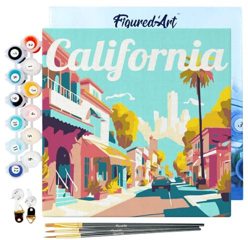 Figured'Art Mini Malen Nach Zahlen Erwachsene Mit Rahmen 20x20cm Kleines Format - Reiseplakat Kalifornien Straße - Paint by Numbers Basteln DIY Bastelset Leinwand gespannt auf Holzrahmen