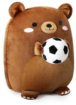 shownicer Plüschtier Bär Kuscheltier Mit Fußball Stofftier Kawaii Bär Plüsch Kissen Spielzeug Bär Wurfkissen Geschenk für Kinder Jungen 3+ Jahre (Bär & Fußball, 35cm)