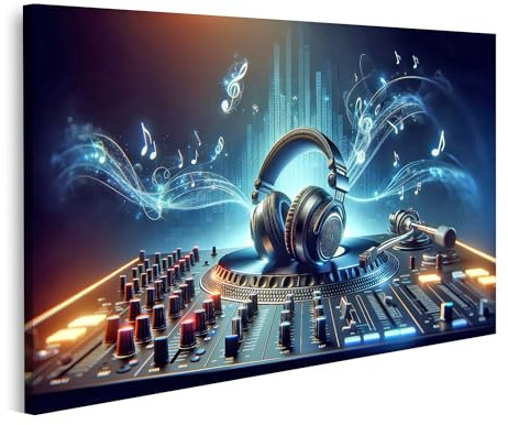 islandburner Bild auf Leinwand Zukunftsmusik im Digitalzeitalter Leuchtende Kopfhörer auf DJ-Pult Bilder Wandbilder Poster
