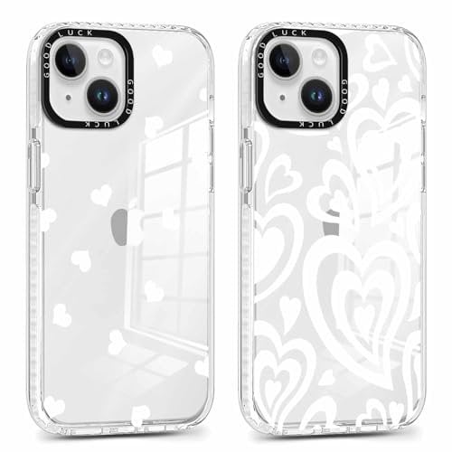 Foonary 2 Pack Clear Heart Print Phone Case Compatible with iPhone 15 6.1, Slim Soft Silicone with Love Design Aesthetics Transparent Pattern Cases, Shockproof Bumper Protector Cover