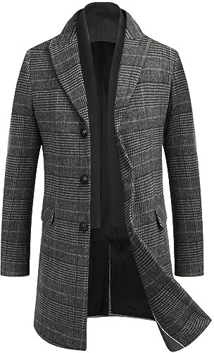 COOFANDY Wintermantel Herren Mantel Winterjacke Trenchcoat Windjacke Reversjacke Herrenmantel mit Abnehmbaren Karierten Schals Männer Warmer Kurzmantel Kariert-Schwarz L