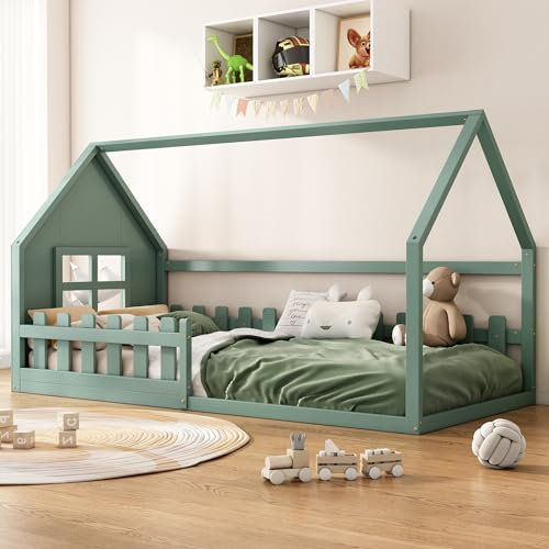 Kinderbett Hausbett 90x200cm Rausfallschutz Bett, Holzbett mit Fenstern und Zäunen, Rausfallschutz und Lattenrost, Bett für Kinder (Grün)