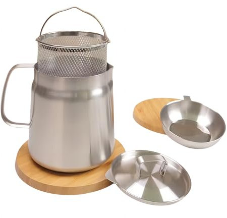 deep fryer oil strainer pot 304 Stainless Steel Oil Filter Pot with Strainer and Deep Fryer Basket, 2 in 1 oil strainer pot Large Capacity Versatile Oil Filter Vessel,oil strainer pot(1.5L)