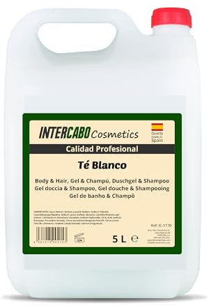 Intercabo Cosmétics - Gel doccia e shampoo 2 in 1 da 5 litri – detergente corpo e capelli – fragranza tè bianco – uso professionale per hotel, B&B, palestre – compatibile con dispenser ricaricabili