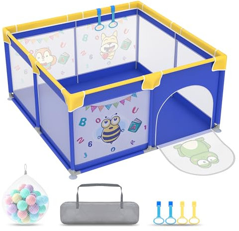 Froadp Laufgitter Baby Laufstall Playpen, Kinderlaufstall mit Tür,Oxford Sicherheitsspielplatz Schutzgitter,mit Tragetasche, Bällen, und 4 Zugringen (127 * 127 * 68cm, Blaues Tier)