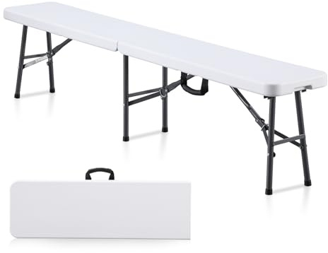 KAIHAOWIN 6FT Plastic Folding Bench White with Carrying Handle Indoor/Outdoor Portable Seat for Picnic, Camping, Dining, Party
