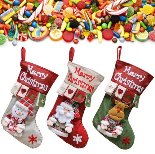 Calcetines De Navidad para Colgar 3 Piezas Medias De Navidad, 40 * 24cm Calcetines Navidad Chimenea, Adorno De Navidad Bolsa De Dulces, Bolsas De Regalo Calcetin Navideño, Christmas Stockings