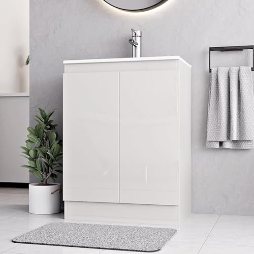 BELOFAY Vanity Unit With Basin | 600mm Floor Standing Bathroom Vanity Units With Basin | 1 Tap Hole Ceramic Bathroom Sink | Lacquered Finish | Waste Included (Denvor White)