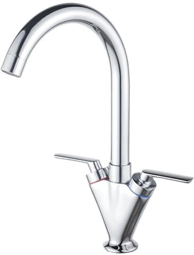 Eovem Kitchen Tap, Dual Lever, Chrome, Silver, Contemporary, 360° Swivel, 1 Hole, Deck Mount, Brass, Gooseneck Swivel, Kitchen Faucet